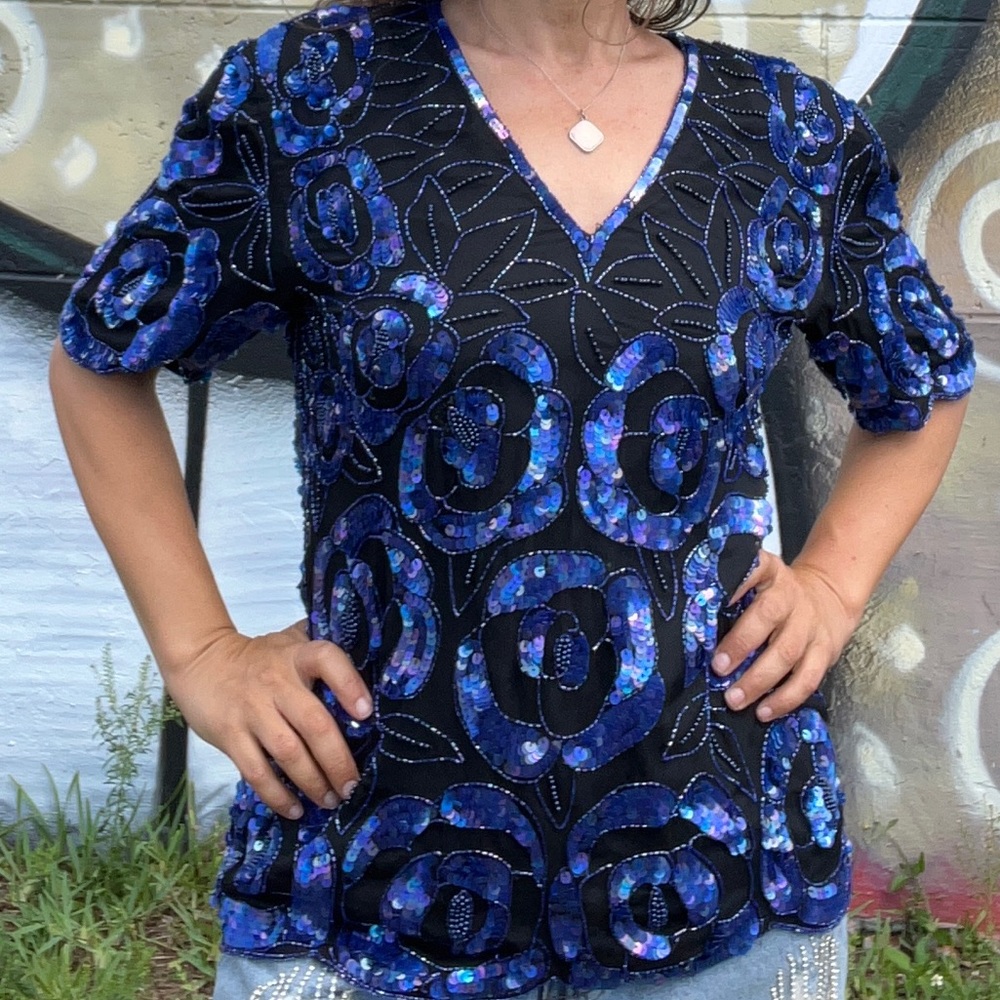 Vintage Beaded Silk Blouse Size M Top Sequin Blue night out Lawrence Kazar 80s